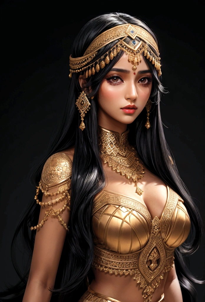 woman, arab clothes, long black hair, tan skin, dark eyes