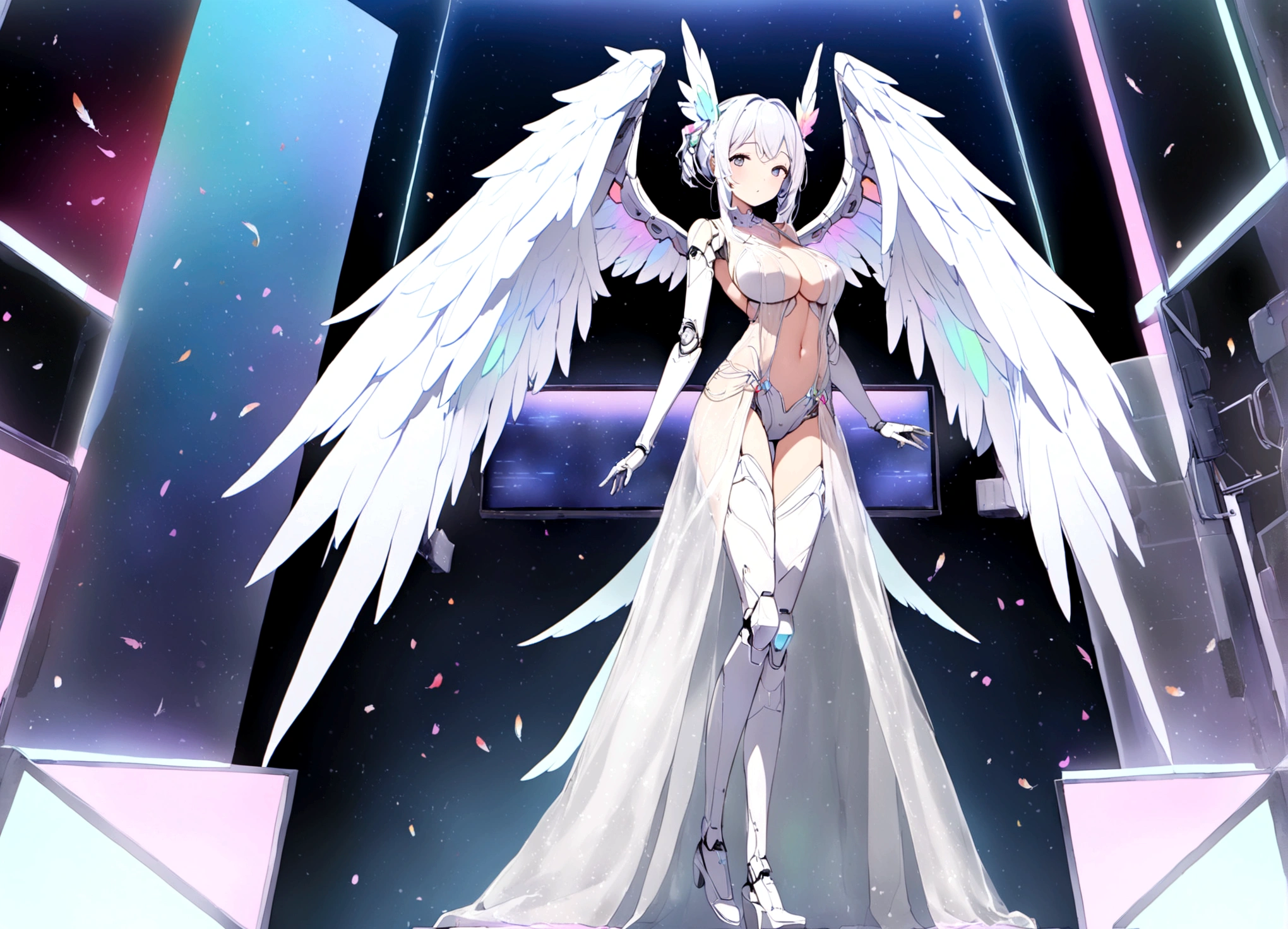a robotic angel (Based on a lovely woman, sheer white airy gown, obvious mechanical sections and joints, neon high lights and indicator lights, angel wings with rainbow colored feathers) is posing on a futuristic stage, the phone number to order her is printed along the bottom f the screen (show her from head to toe, show her entire body, show all of her)
