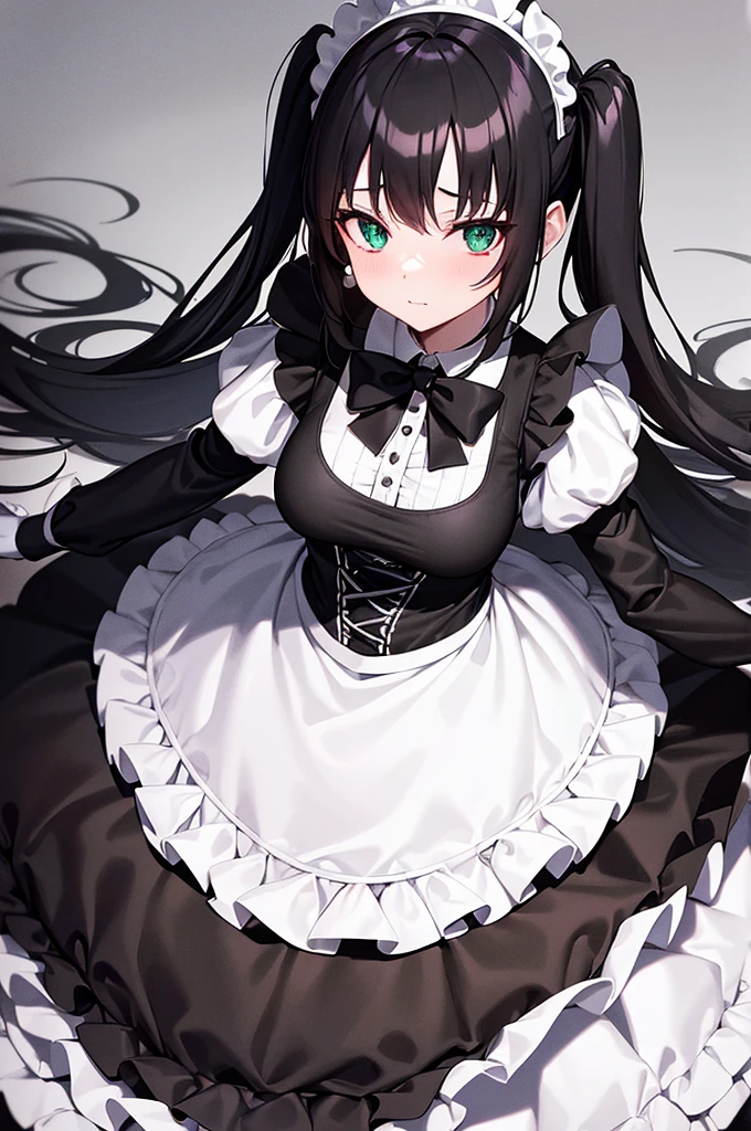 a woman in a black and white dress holding a glass, gapmoe yandere grimdark, gothic maiden anime girl, anime girl in a maid costume, maid outfit, maid dress, creepy pose, gapmoe yandere, twintails white gloves, noire. Black hair, green eyes
