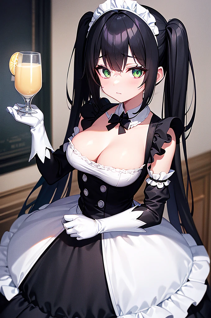 a woman in a black and white dress holding a glass, gapmoe yandere grimdark, gothic maiden anime girl, anime girl in a maid costume, maid outfit, maid dress, creepy pose, gapmoe yandere, twintails white gloves, noire. Black hair, green eyes