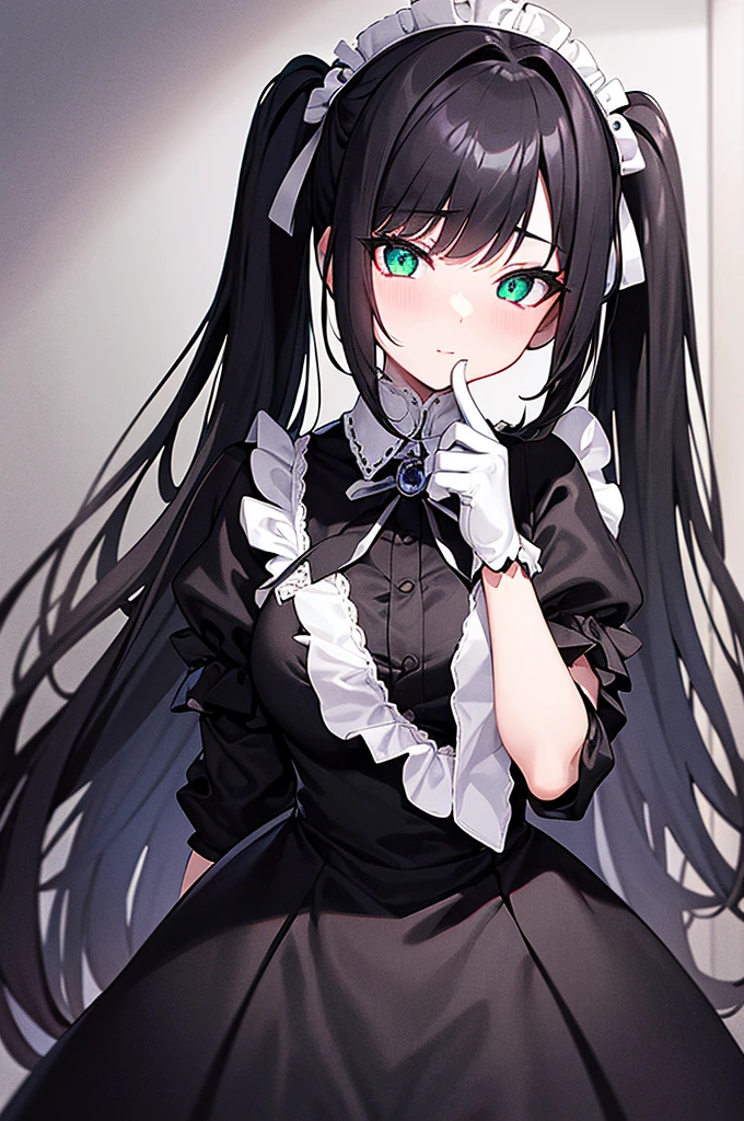 a woman in a black and white dress holding a glass, gapmoe yandere grimdark, gothic maiden anime girl, anime girl in a maid costume, maid outfit, maid dress, creepy pose, gapmoe yandere, twintails white gloves, noire. Black hair, green eyes