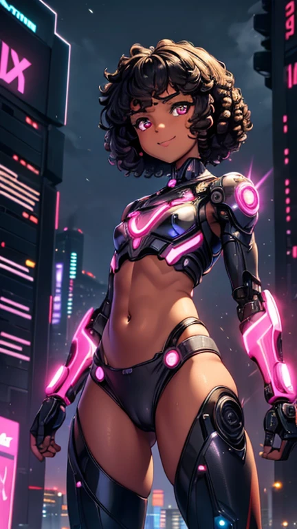 (8k),(masterpiece),(Afrocan),(),((innocent look)),((Childish)),From the front,smile,cute,Innocent,Kind eyes,Flat chest,Hairless vagina, Cameltoe, The Cyborg Costume,Short,Hair blowing in the wind,Black Curly Hair,Strong wind,night,dark, Neon light cyberpunk city