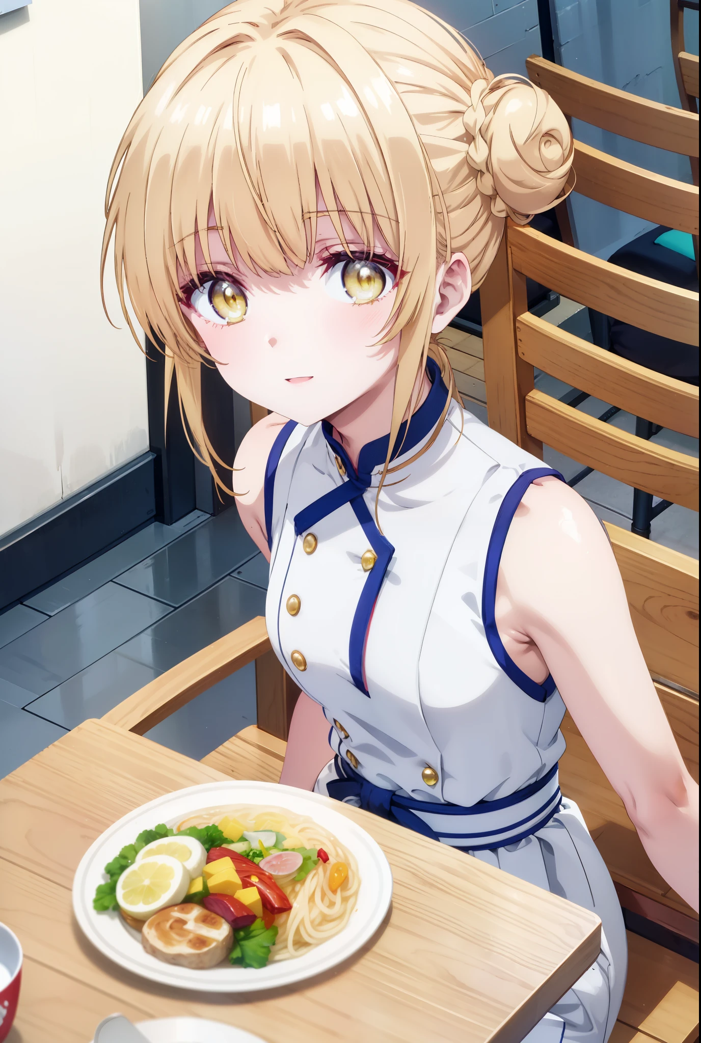 mahirushiina, Mahiru Shiina, bangs, Blonde, Brown Hair, (Yellow Eyes:1.3), Hair Bun, double Hair Bun,happy smile, smile, Open your mouth,Sleeveless china clothing,Long slit,Stiletto heels, Tables and chairs, Tray Ramen,トレイ in one hand,whole bodyがイラストに入るように,
break outdoors,中国風レストラン
break looking at viewer,whole body,
break (masterpiece:1.2), Highest quality, High resolution, unity 8k wallpaper, (shape:0.8), (Fine and beautiful eyes:1.6), Highly detailed face, Perfect lighting, Highly detailed CG, (Perfect hands, Perfect Anatomy),