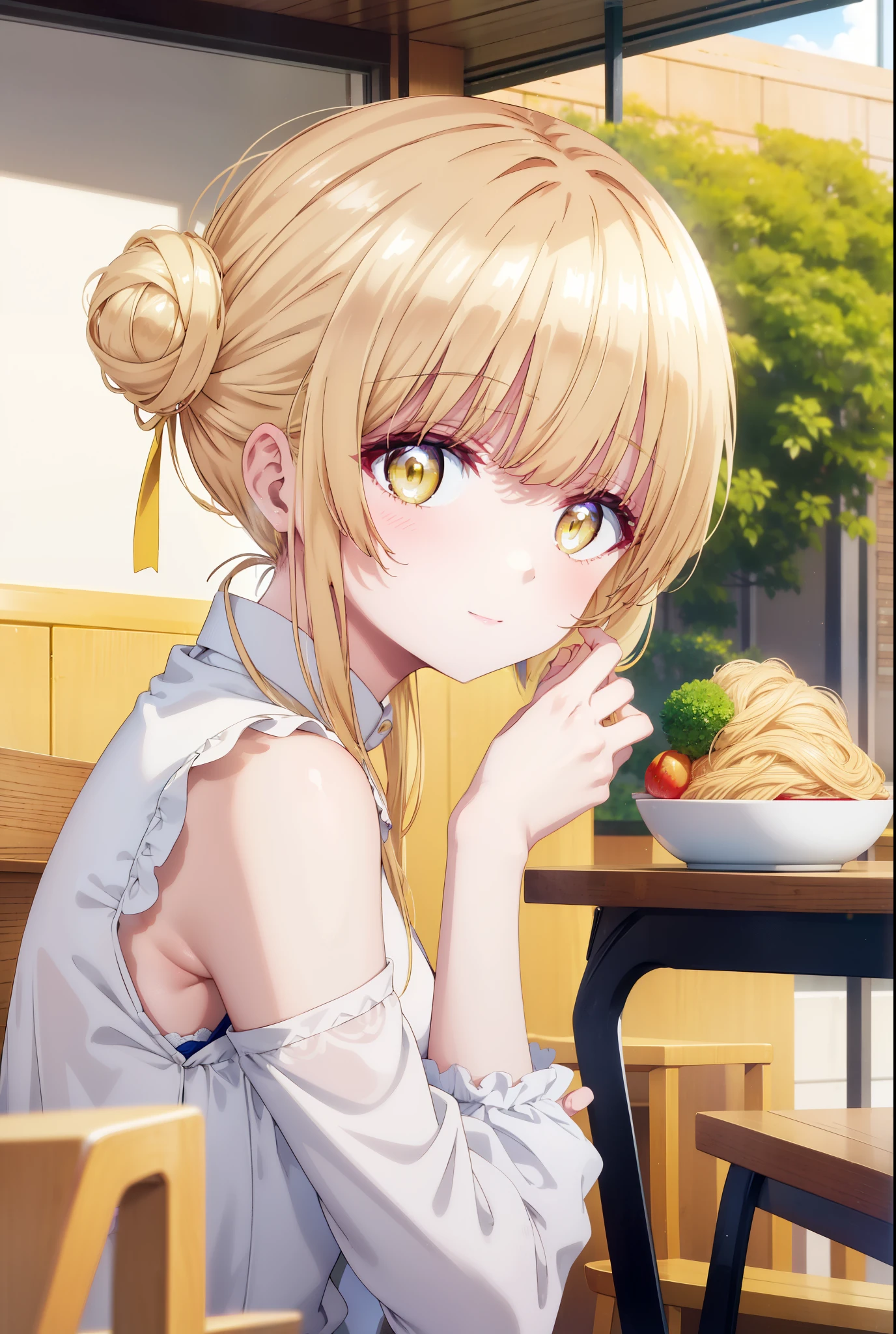 mahirushiina, Mahiru Shiina, bangs, Blonde, Brown Hair, (Yellow Eyes:1.3), Hair Bun, double  Hair Bun,happy smile, smile, Open your mouth,Sleeveless china clothing,Long slit,Stiletto heels, Tables and chairs, Tray Ramen,トレイ in one hand,whole bodyがイラストに入るように,
break outdoors,中国風レストラン
break looking at viewer,whole body,
break (masterpiece:1.2), Highest quality, High resolution, unity 8k wallpaper, (shape:0.8), (Fine and beautiful eyes:1.6), Highly detailed face, Perfect lighting, Highly detailed CG, (Perfect hands, Perfect Anatomy),