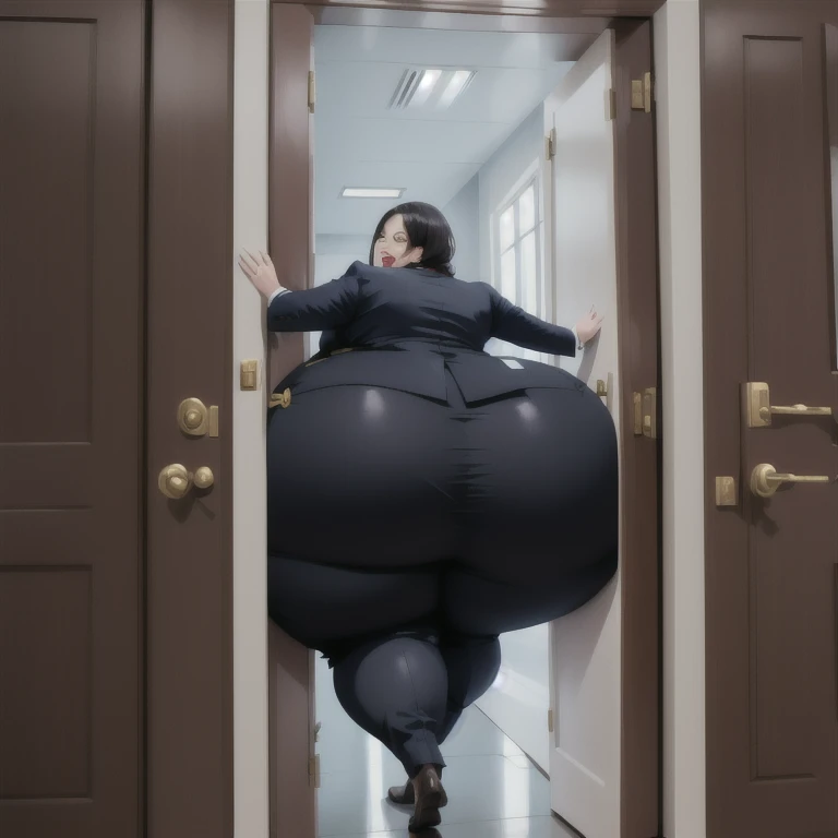masterpiece, 1girl behind a doorway, from front, (doorstuck, stuckfront:1.3), huge hips, round belly, thick thighs, colorful clothing, wearing suit and tie and formal pants, upset, trying to wiggle through, her girlfriend laughs as she pushes her butt from behind