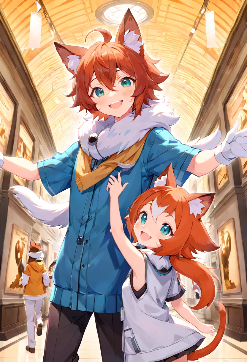 super high resolution, detailed background, museum, boy, girl, Happy, joyful, absurdres(Photos of solo travelers)(kemono, furry anthro),