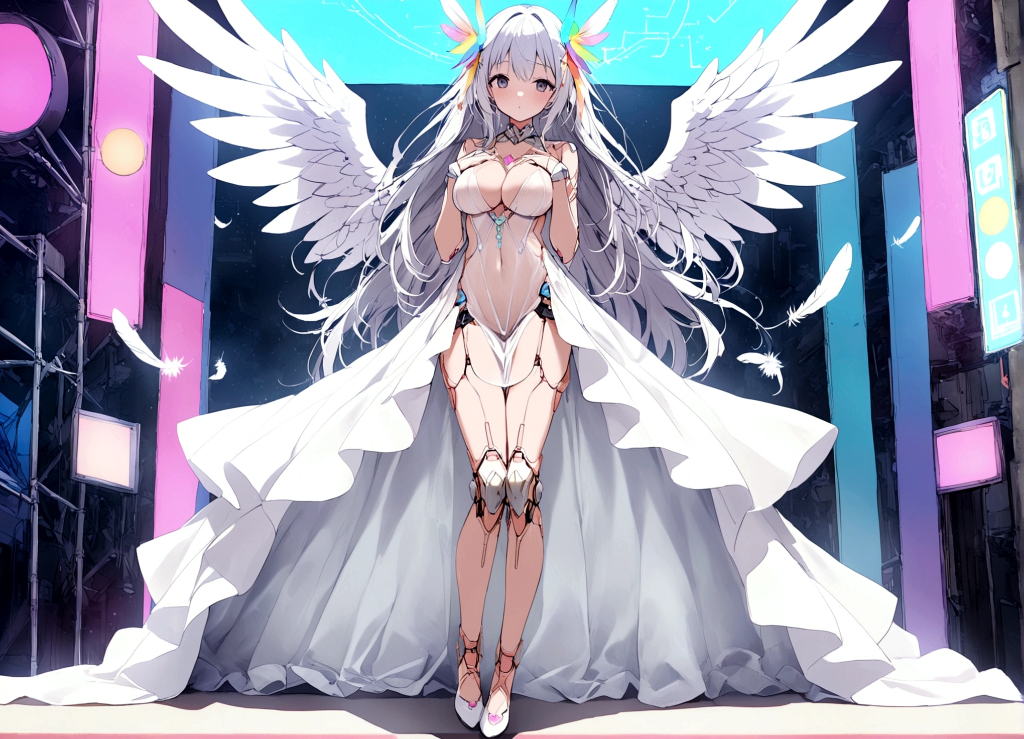 a robotic angel (Based on a lovely woman, sheer white airy gown, obvious mechanical sections and joints, neon high lights and indicator lights, angel wings with rainbow colored feathers) is posing on a futuristic stage, the phone number to order her is printed along the bottom f the screen (show her from head to toe, show her entire body, show all of her)