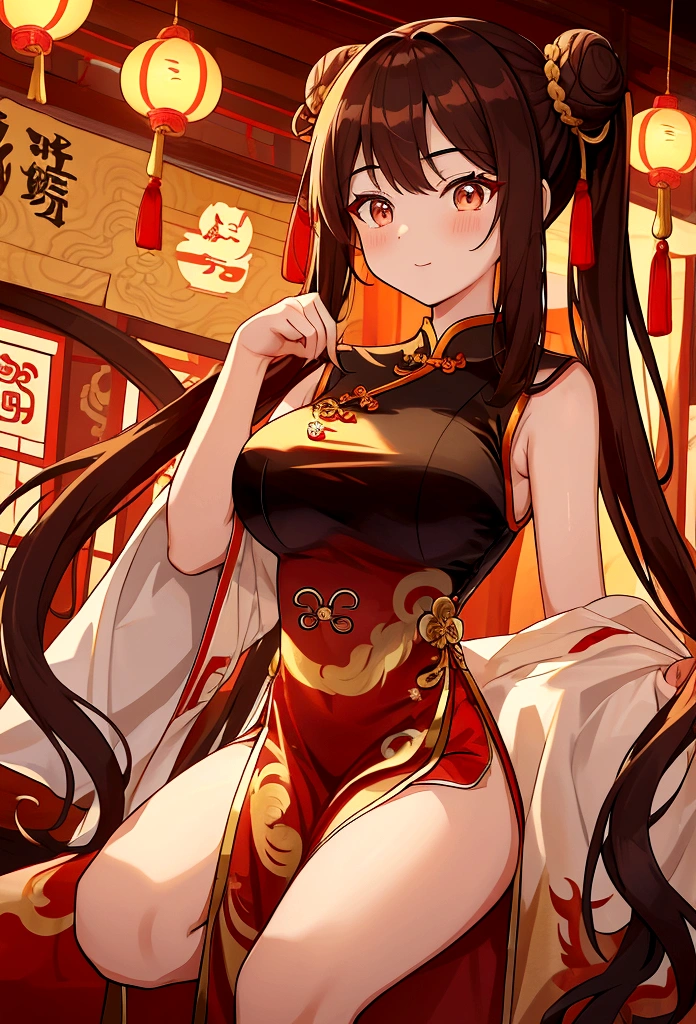 Huge Chinese martial artist 17 years old girl.long brown hair in hime-cut style, which she ties in Chinese-style twin-buns using white ribbons . Golden eyes. fair-complexion and has a hourglass figure with moderate bust-size.sleeveless-strapless dark red long cheongsam with golden chinese dragon drawn on it.