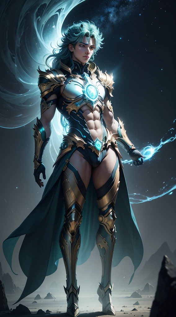 Masterpiece, Highest Quality, Ultra-Detailed, Hyper-Real, (seiya), a Man,Perfect Face, cinematic lighthing, full body, (Realistic),
Prompt:  Celestial humanoid male with a glowing blue aura and glowing green eyes, standing against a black background with blue and green light shining from both hands in a full body shot. Created using Unreal Engine 4 with cinematic lighting, wide hips, thin and narrow weist, big large feminine breasts.  
[1] 

, a emanating from both hands in a captivating full body shot. The intricate details evoke a sense of divine energy, resonating with the Unreal Engine 4 and cinematic lighting.

,
An otherworldly environment envelops the celestial humanoid male, blending hues of blue and green with cosmic surroundings that enhance the mystical essence permeating from his form.
,
The scene exudes a tranquil yet awe-inspiring atmosphere, capturing the essence of a celestial being imbued with a sense of divine power and grace.
,
A breathtaking and luminous style reminiscent of a digital illustration, highlighting the celestial humanoid male’s intricate features with a celestial glow and vibrant colors.
,
Executed with impeccable attention to detail using advanced rendering techniques and lighting effects to showcase the celestial humanoid male's divine essence in an otherworldly setting.

Negative prompt: washed out colors, mundane appearance, ordinary human, lacking intricate details, uninspired lighting, generic composition, unimpressive background, simplistic design, standard character model, lackluster execution, unoriginal concept, flat perspective, dull features, ordinary atmosphere, plain style, predictable artwork, underwhelming visuals, lack of artistic flair, common imagery, unremarkable portrayal, basic rendering, lack of creativity, generic lighting, dull texture, unimaginative scene, average artistic interpretation, uninspiring depictio
