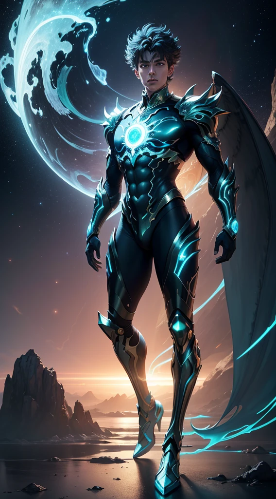 Masterpiece, Highest Quality, Ultra-Detailed, Hyper-Real, (seiya), a Man,Perfect Face, cinematic lighthing, full body, (Realistic),
Prompt:  Celestial humanoid male with a glowing blue aura and glowing green eyes, standing against a black background with blue and green light shining from both hands in a full body shot. Created using Unreal Engine 4 with cinematic lighting, wide hips, thin and narrow weist, big large feminine breasts.  
[1] 

, a emanating from both hands in a captivating full body shot. The intricate details evoke a sense of divine energy, resonating with the Unreal Engine 4 and cinematic lighting.

,
An otherworldly environment envelops the celestial humanoid male, blending hues of blue and green with cosmic surroundings that enhance the mystical essence permeating from his form.
,
The scene exudes a tranquil yet awe-inspiring atmosphere, capturing the essence of a celestial being imbued with a sense of divine power and grace.
,
A breathtaking and luminous style reminiscent of a digital illustration, highlighting the celestial humanoid male’s intricate features with a celestial glow and vibrant colors.
,
Executed with impeccable attention to detail using advanced rendering techniques and lighting effects to showcase the celestial humanoid male's divine essence in an otherworldly setting.

Negative prompt: washed out colors, mundane appearance, ordinary human, lacking intricate details, uninspired lighting, generic composition, unimpressive background, simplistic design, standard character model, lackluster execution, unoriginal concept, flat perspective, dull features, ordinary atmosphere, plain style, predictable artwork, underwhelming visuals, lack of artistic flair, common imagery, unremarkable portrayal, basic rendering, lack of creativity, generic lighting, dull texture, unimaginative scene, average artistic interpretation, uninspiring depictio
