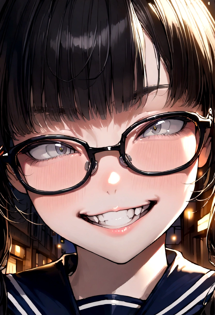 18-year-old、woman、Black Hair、Glasses、Kuma、Three white eyes、Two pigtails、grin、Pale face、Sailor suit、(((Face close-up)))、night、In town、Alley、Darkness、