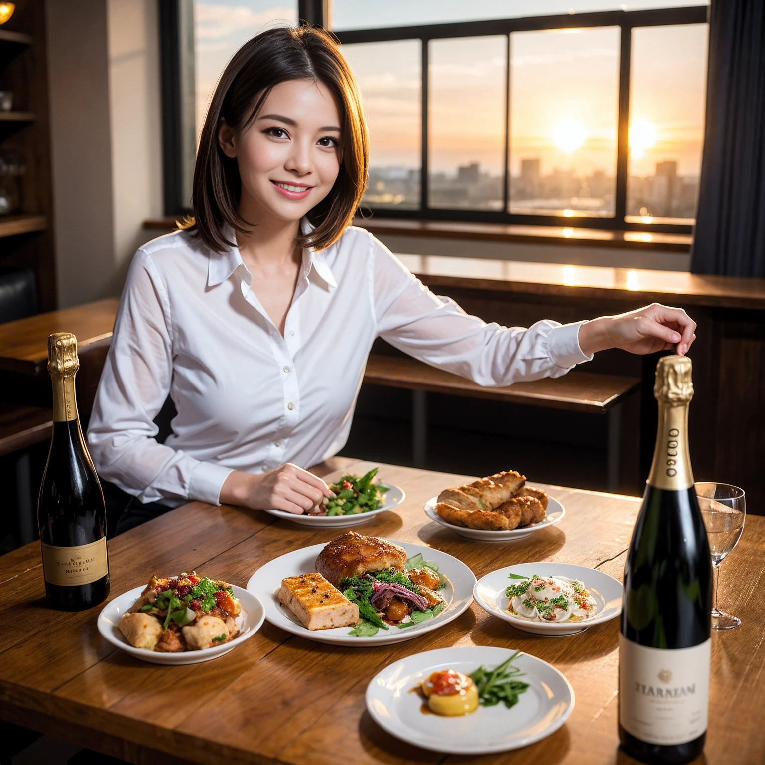 ((Highest quality、8K、masterpiece:1.3))、slimカップル、Pink rubber、modelカップル、(Realistic, Intricate details:1.2), full-course dinner、Wine Party、Amazing view of the sunset sky and clouds、A bright smile、The wonderfulness of smile、Bright image、The beauty of wine, Beautiful Face, blue eyes, The light shines on your face, Blushing, short hair,Bright Face、 (Age 37), 39 years old, red wine 、Appetizers、Italian food、Wine bottle、Champagne、sparkling wine、Two beauties、Brown Hair、Shortcuts、Long sleeve shirt、dress、Beautiful woman 1, (slimな顔), (The body is slim), (Brown Hair), (Shortcuts), cheeks turn a little red,Attractive beauty、restaurant, In a prominent place (From the waist up) Nova Frog Style, actress, model, Upper Body, White wine, slim, wine glass, 中央に置かれたwine glass, smile, (smile: 1.15), Beautiful fine grain, Depth f/2,saturation, High Contrast, Strong light and shadow,Moist Body:1.5、3D texture、Delicate eyes、Brown Hair、The hair is very shiny、
