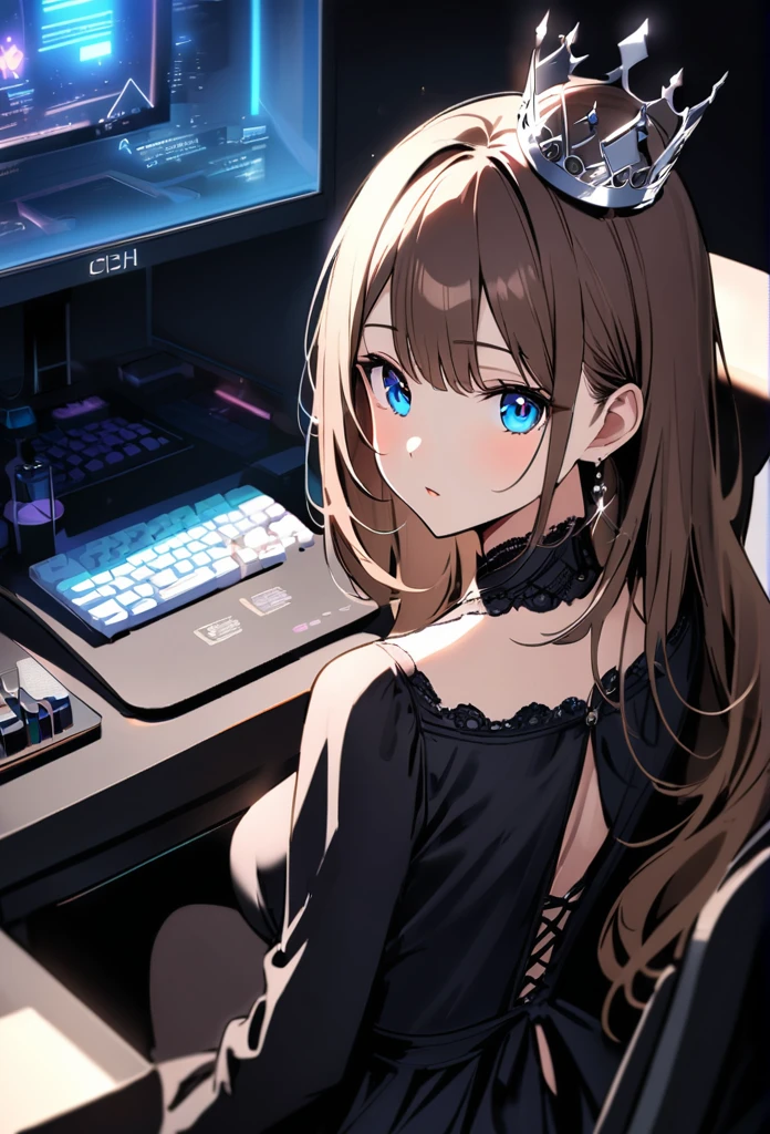 A woman with beautiful long brown hair, beautiful blue eyes, wearing an elegant black dress.  Wear a small, beautiful silver crown.  In the back there is a computer gamer table with beautiful lighting.