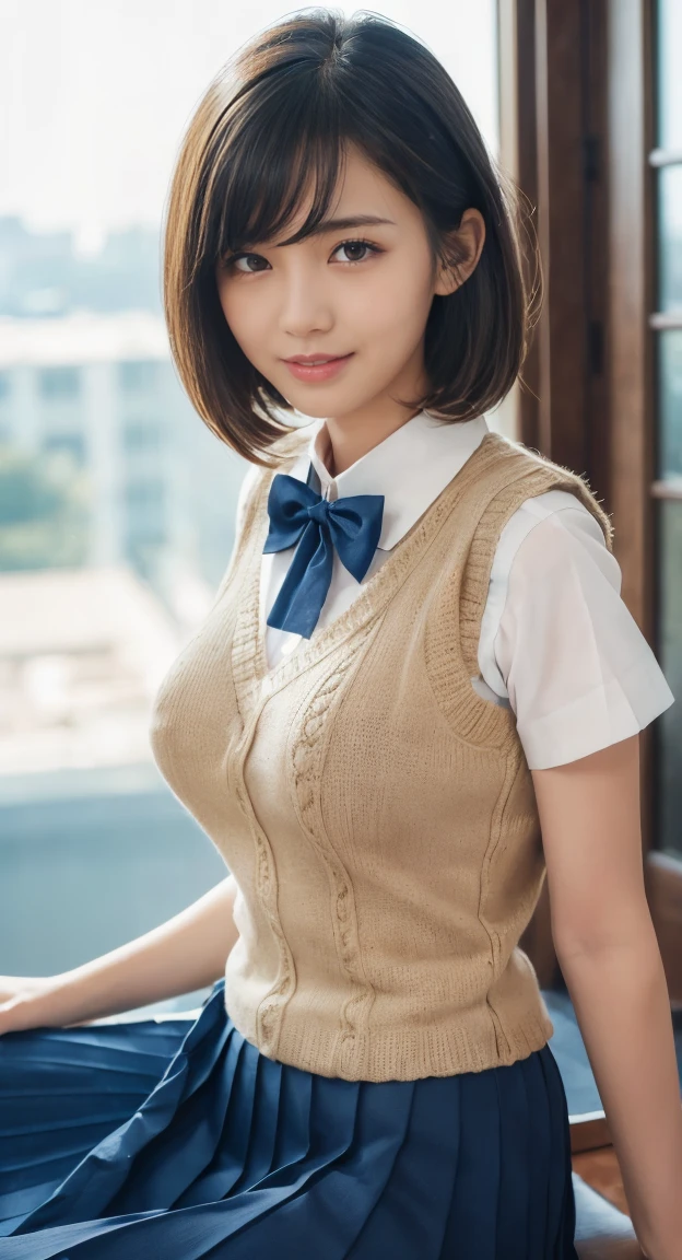 (masterpiece:1.2, Highest quality), (Realistic, photoRealistic:1.4), Beautiful illustrations, (Natural Side Lighting, Cinema Lighting), Written boundary depth, Looking at the audience, Front view, 1 Girl, Asian, , ((Bob Hair)), Perfect Face, Cute symmetrical face, Pale skin, Shiny skin, Asymmetrical bangs, Big eyes, Droopy eyess, Long eyelashes, thin, Beautiful Hair, Beautiful Face, Beautiful and beautiful eyes, Beautiful clavicle, Beautiful body, Beautiful breasts, Beautiful thighs, Beautiful feet, Beautiful fingers, ((High quality fabric, Brown knitted vest, Short sleeve white collar shirt, Navy Pleated Skirt, Navy bow tie )), (vaginal Sex:1.5), (Beautiful views), evening, Droopy eyes, (Cum in pussy:1.5), Sex, erotic, Cum in pussy, Heterosexual, Mole, Mole under eye, (smile, Excellent, Open your mouth)