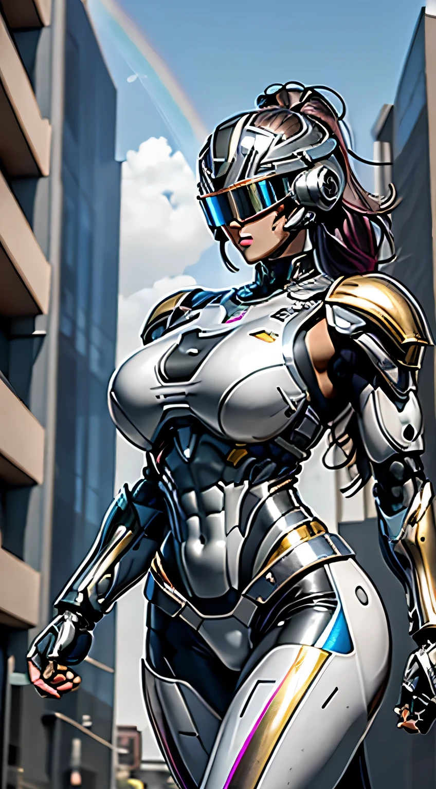 Female Robocop Solo、Bright outdoors、strong light source、8K, high quality, masterpiece, 最high quality, Crisp contrast、Very detailed、Full body armor、Very large armor、Helmet covering the head、Clear photos、His eyes are hidden by thin straight goggles:1.3、The lower half of the face is raw々Shii:1.5、The lower half of the face is exposed、Seductive lips、Rainbow and white metallic armor、Armor that completely covers the chest、Long, slender legs、Vibrant Posselo Body View,Big and ample breasts:1.5, (Sports Body:1.5)、Five Fingers、Hold a handgun、In the city