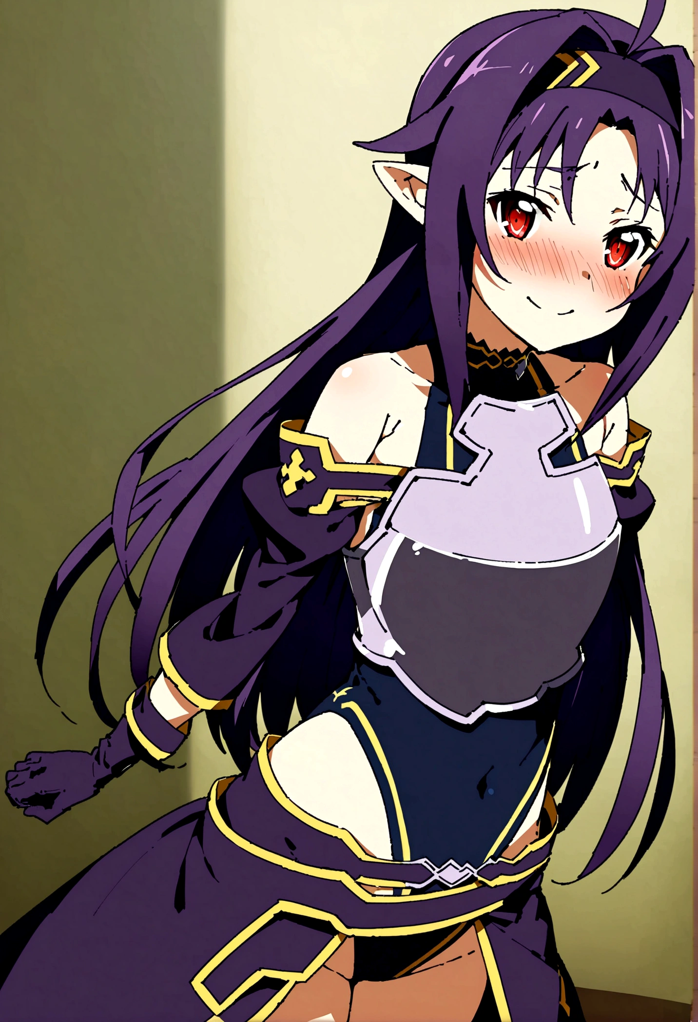 NSFW,masterpiece,Highest quality,High resolution,Super detailed,Yuki\(Sword Art Online\), Purple Hair, Long Hair, Ahoge, Red eyes, Pointed Ears, hair band, armor, breastplate, Removable sleeves, leotard, Purple Skirt, Bare shoulders, gloves,Embarrassed,Watery eye,smile,blush