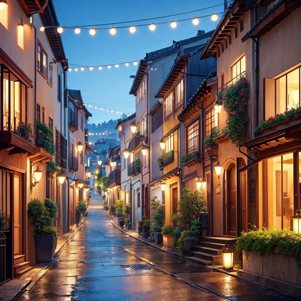 Generate an image of the most beautiful streets that you can, make it look very beautiful, add the best lightings and make it look extremely beautiful, it should look insanely pretty