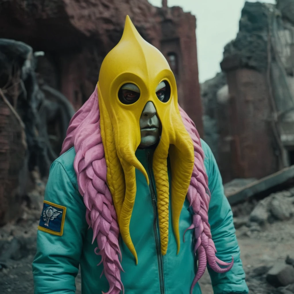 Horror-themed,  In an ancient and mysterious city a person wearing a yellow helmet with pink dark spikes on it carcosa city style, Don Bluth Style ASTRONAUT Cthulhu yellow Toon Doll, full body RAW candid cinema, cyan hair, 16mm, color graded portra 400 film, Eerie, unsettling, dark, spooky, suspenseful, grim, highly detailed, titanium decorative headdress, cinematic, trending on artstation | Isometric | Centered