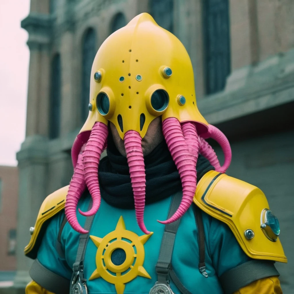 Horror-themed,  In an ancient and mysterious city a person wearing a yellow helmet with pink dark spikes on it carcosa city style, Don Bluth Style ASTRONAUT Cthulhu yellow Toon Doll, full body RAW candid cinema, cyan hair, 16mm, color graded portra 400 film, Eerie, unsettling, dark, spooky, suspenseful, grim, highly detailed, titanium decorative headdress, cinematic, trending on artstation | Isometric | Centered