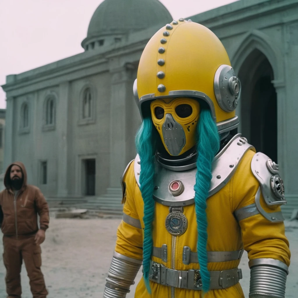Horror-themed, In an ancient and mysterious city a person wearing a yellow helmet with pink dark spikes on it carcosa city style, Don Bluth Style ASTRONAUT Cthulhu yellow Toon Doll, full body RAW candid cinema, cyan hair, 16mm, color graded portra 400 film, Eerie, unsettling, dark, spooky, suspenseful, grim, highly detailed, titanium decorative headdress, cinematic, trending on artstation | Isometric | Centered
