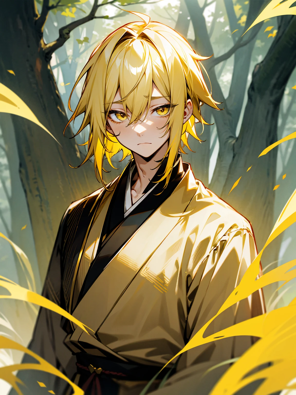 1male, black and yellow hair, two toned hair, young, yukata, lightning haori, sleepy expression gold eyes, forest