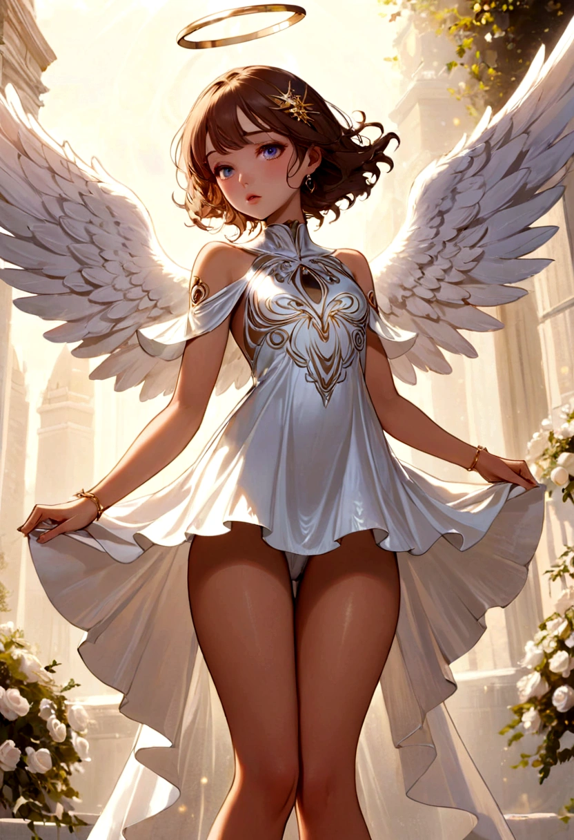 beautiful Angel, Wearing a gorgeous dress that covers the whole body, luxurly gawn,Floating in the air, angel wings, (angel ring:1.3), outdoor, detailed face, detailed eyes, detailed lips, detailed nose, detailed foot, full body shot