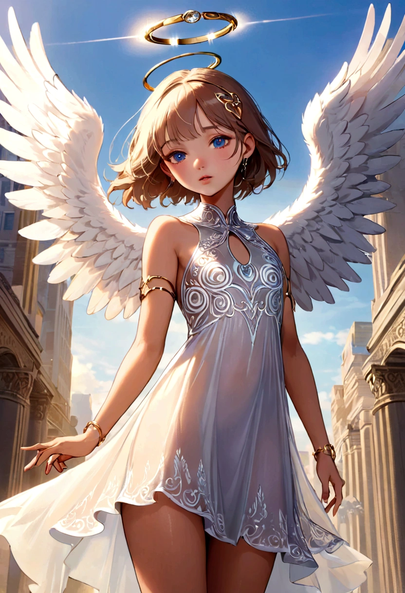 beautiful Angel, Wearing a gorgeous dress that covers the whole body, luxurly gawn,Floating in the air, angel wings, (angel ring:1.3), outdoor, detailed face, detailed eyes, detailed lips, detailed nose, detailed foot, full body shot