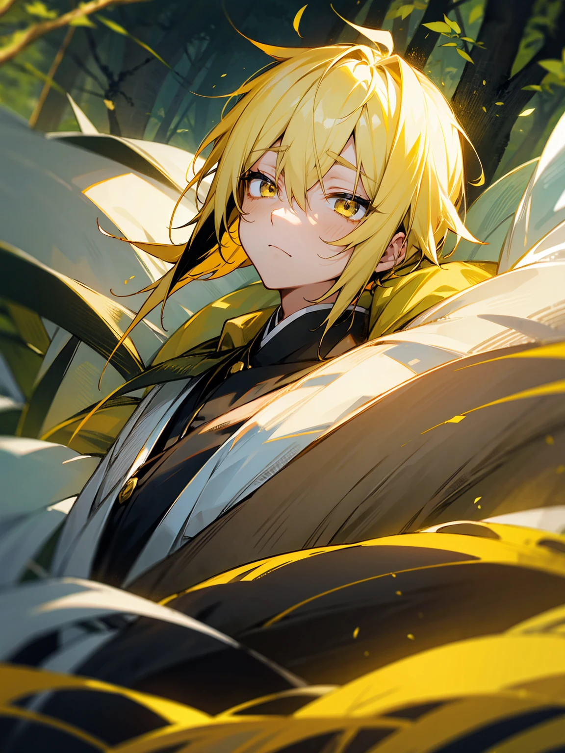 1male, black and yellow hair, two toned hair, young, yukata, lightning haori, sleepy expression gold eyes, forest