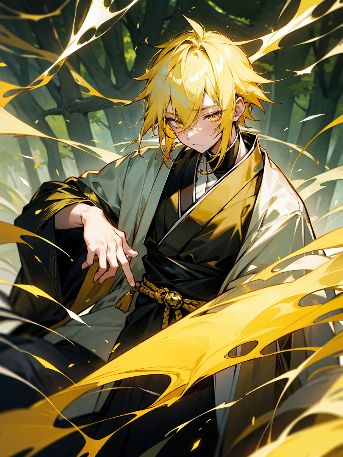 1male, black and yellow hair, two toned hair, young, yukata, lightning haori, sleepy expression gold eyes, forest