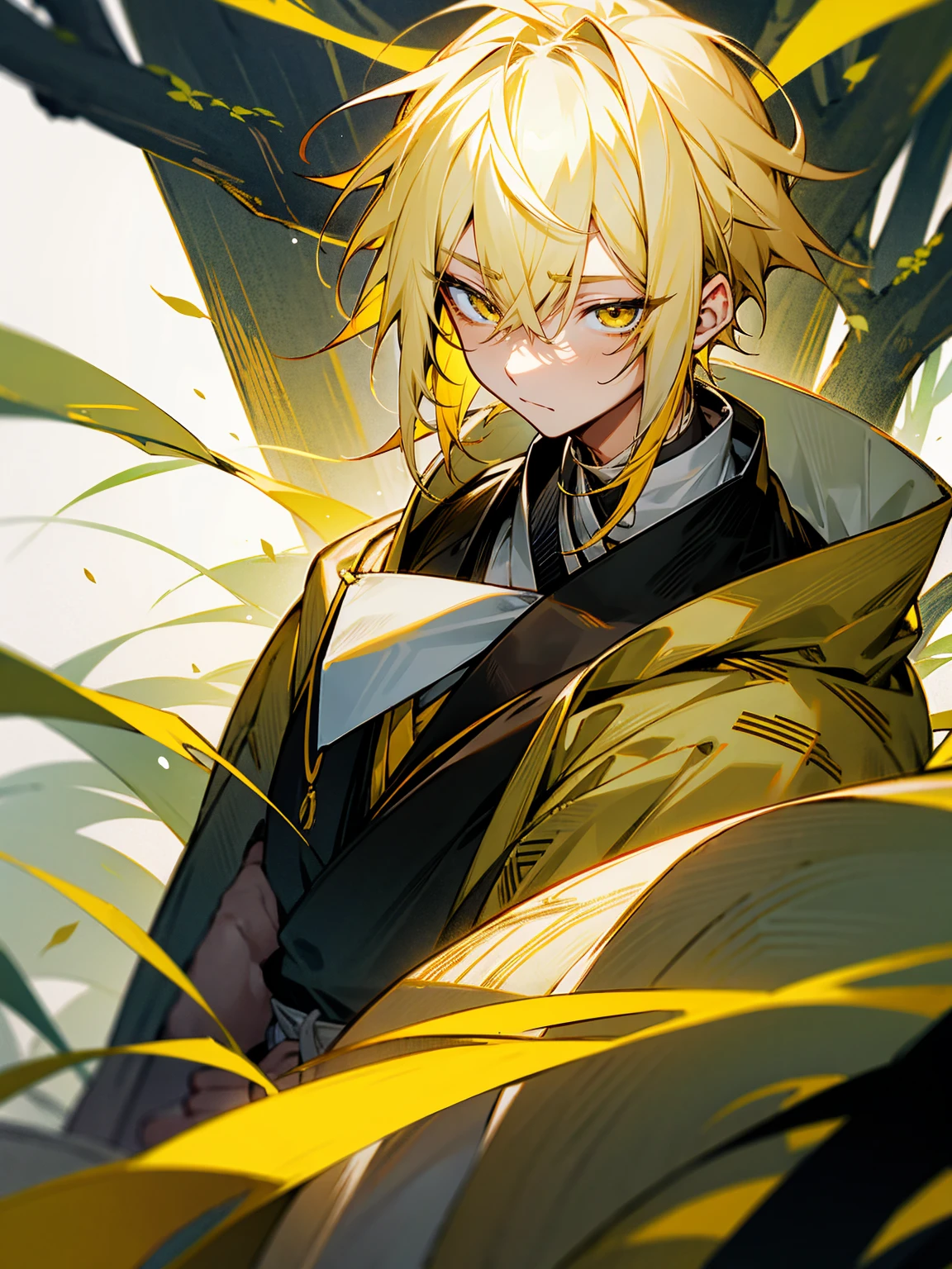 1male, black and yellow hair, two toned hair, young, yukata, lightning haori, sleepy expression gold eyes, forest