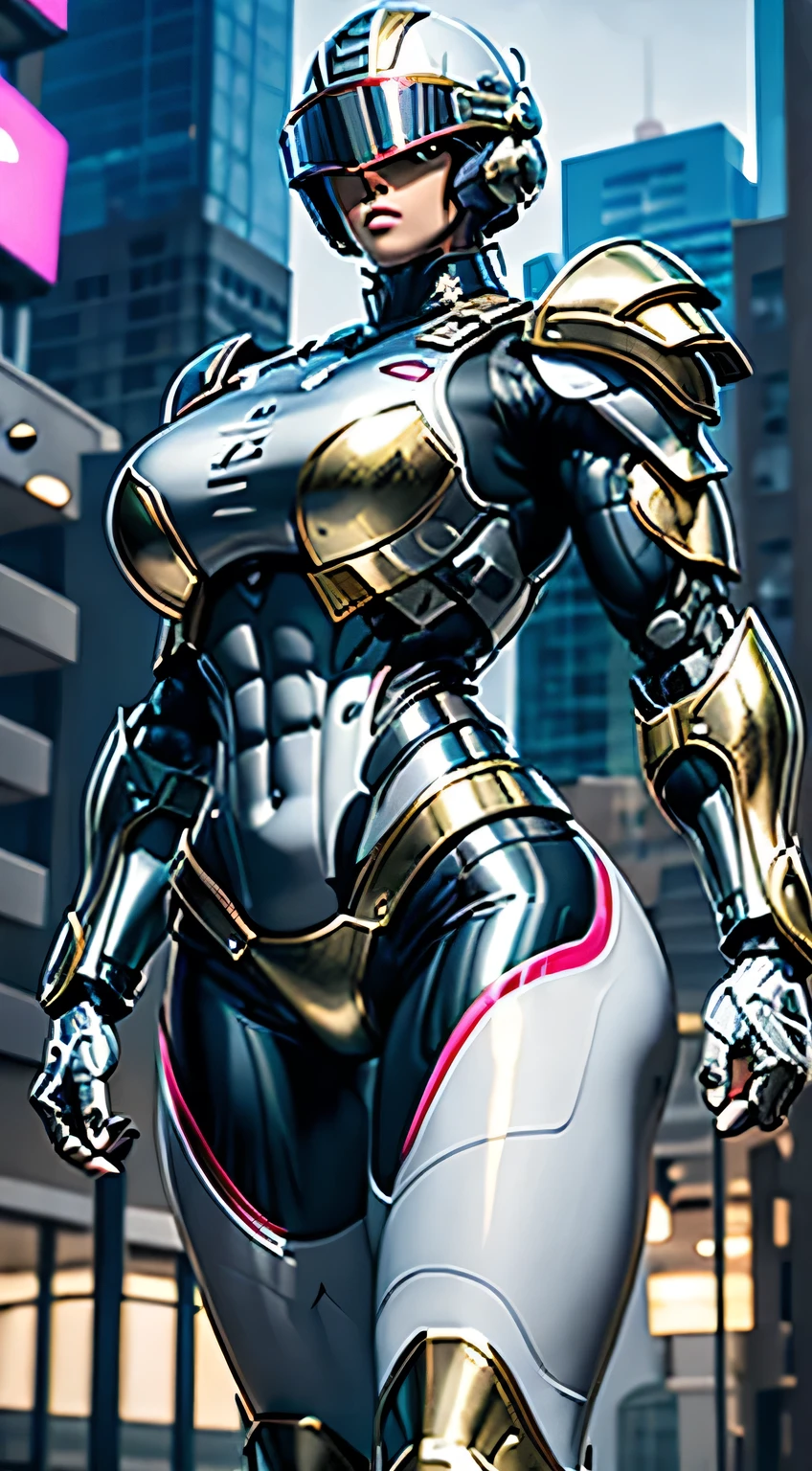 Female Robocop Solo、Bright outdoors、strong light source、8K, high quality, masterpiece, 最high quality, Crisp contrast、Very detailed、Full body armor、Very large armor、Helmet covering the head、Clear photos、His eyes are hidden by thin straight goggles:1.3、The lower half of the face is raw々Shii:1.5、The lower half of the face is exposed、Seductive lips、Rainbow and white metallic armor、Armor that completely covers the chest、Long, slender legs、Vibrant Posselo Body View,Big and ample breasts:1.5, (Sports Body:1.5)、Five Fingers、Hold a handgun、In the city