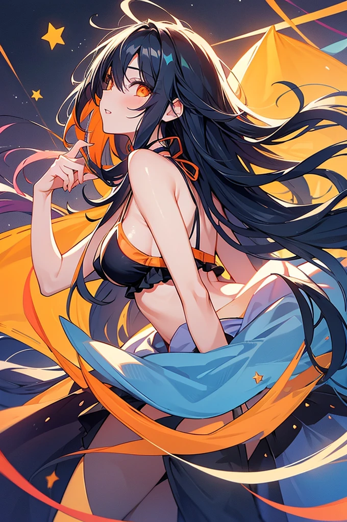 1girl with a very long hair, hair over eyes, black hair with blue tips, worn loose with little stars accesories,orange eyes, flirtatious look, open arms, lingerine, bikini