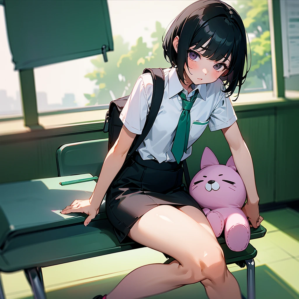 A girl, short black hair, dark eyes, wearing white shirt, green long pencil skirt feet-length, a pink backpack with a tiny plushie, sitting on the seat, in the classroom