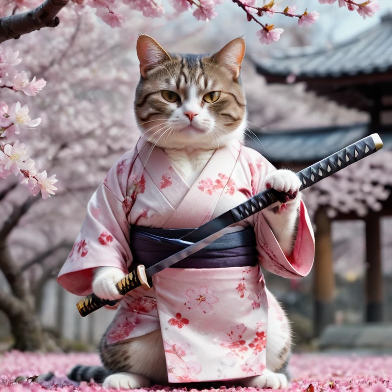(whole body), (((Fat Cat))), (a Fat Cat in a kimono with a katana in his hands, With cherry blossoms in the background, Cherry blossom petals), Ultra-detailed, Hyperrealism, Sharp Shot, Cinematic, Action packed background,  Effect Bokeh