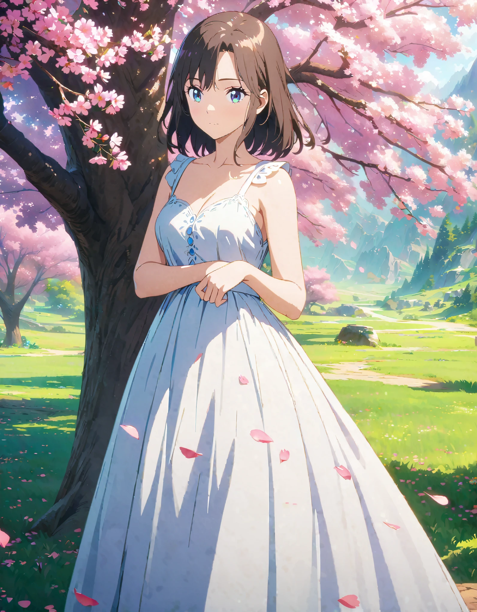 (Ultra-detailed illustrations:1.2),Anime girl in a dress standing under a flowering tree, Beautiful fantasy anime, Anime Art Wallpapers 8K, Anime Style 4k, anime art wallpaper 4k, anime art wallpaper 4k, sakura petals around her, artstation pixivでトレンド, 4k anime wallpaper, Beautiful Anime, anime wallpaper 4k, anime wallpaper 4k