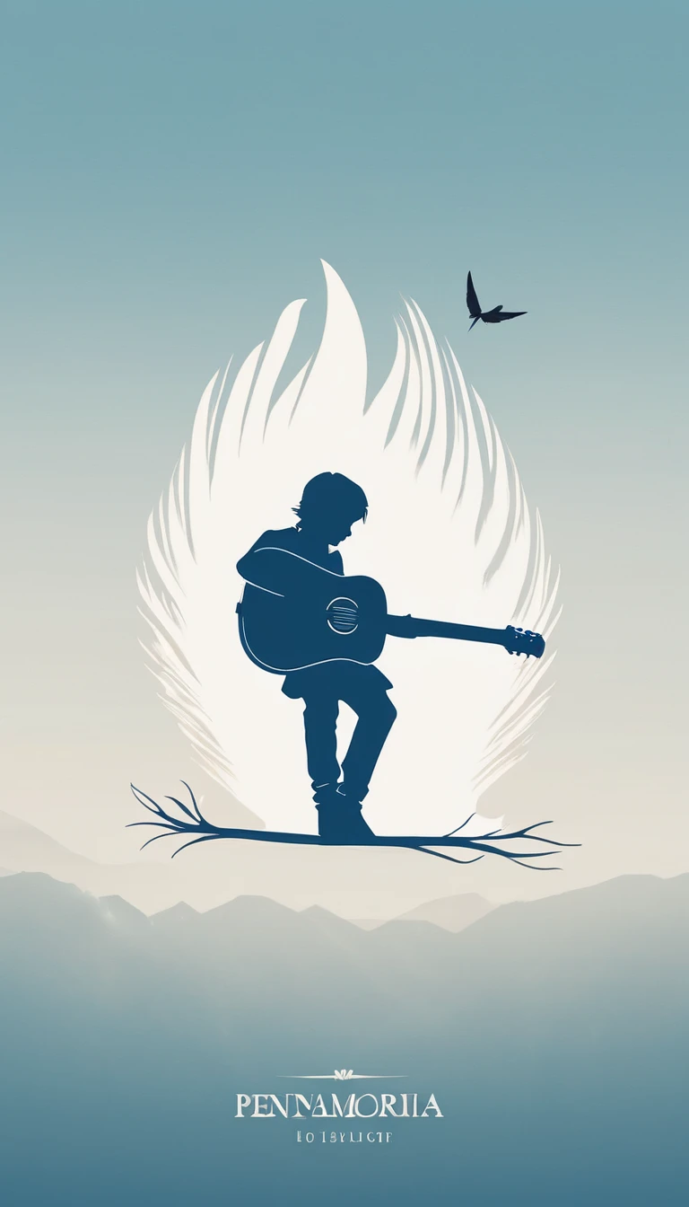 A minimal, modern, simple, cinematic logo design for the brand “Penamemoria". The logo design must be a simple, silhouette of a boy, standing up, playing acoustic guitar and fantasy feather by his side. The logo must convey a sense of music, stories, memories and dreams. Logo design impressed on a book cover. Minimalistic logo. Light blue, white and soft golden as colors for the logo design
