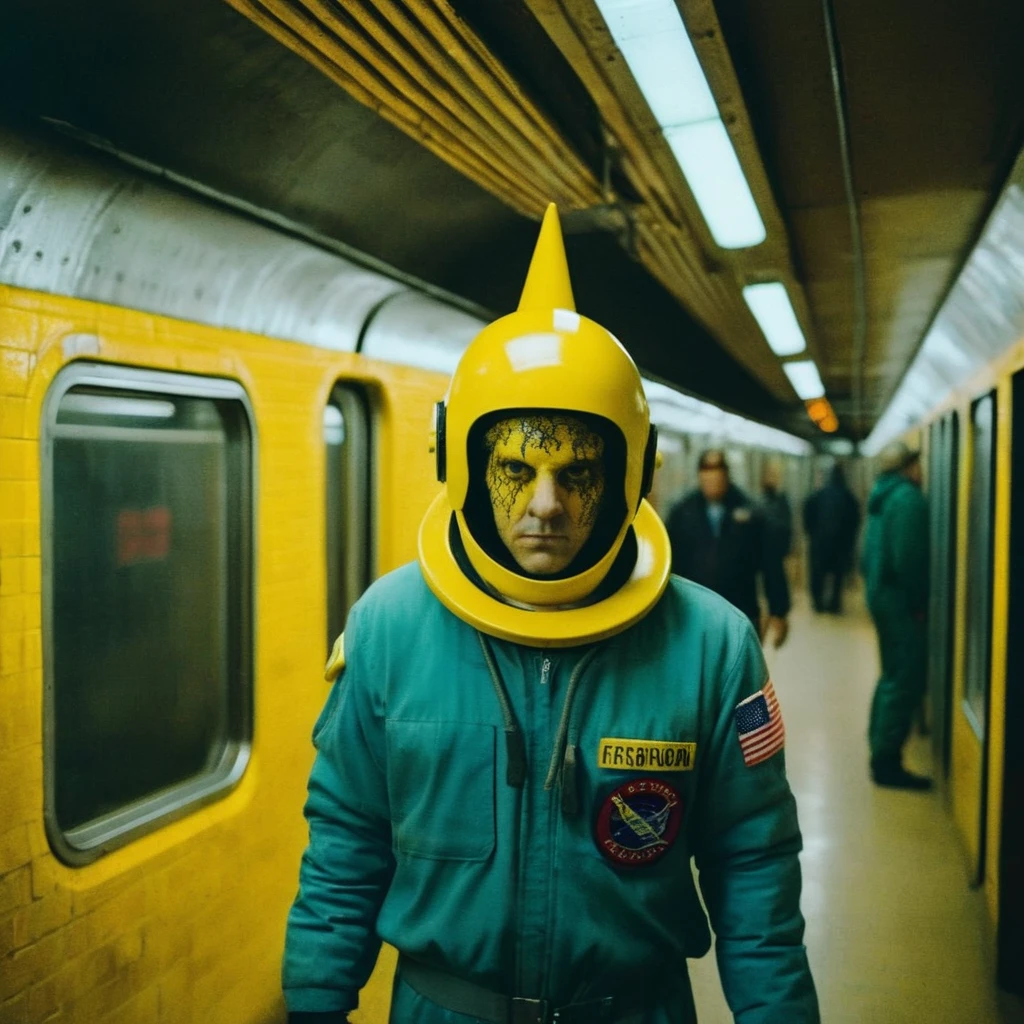 Horror-themed,  In an ancient and mysterious subway a person wearing a yellow helmet with yellow spikes on it carcosa city style, Don Bluth Style ASTRONAUT Cthulhu yellow Toon Doll, full body RAW candid cinema, cyan hair, 16mm, color graded portra 400 film, Eerie, unsettling, dark, spooky, suspenseful, grim, highly detailed