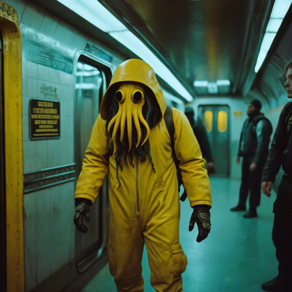 Horror-themed,  In an ancient and mysterious subway a person wearing a yellow helmet with yellow spikes on it carcosa city style, Don Bluth Style ASTRONAUT Cthulhu yellow Toon Doll, full body RAW candid cinema, cyan hair, 16mm, color graded portra 400 film, Eerie, unsettling, dark, spooky, suspenseful, grim, highly detailed