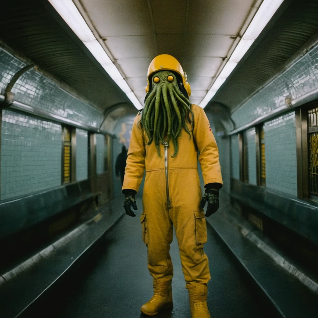 Horror-themed, In an ancient and mysterious subway a person wearing a yellow helmet with yellow spikes on it carcosa city style, Don Bluth Style ASTRONAUT Cthulhu yellow Toon Doll, full body RAW candid cinema, cyan hair, 16mm, color graded portra 400 film, Eerie, unsettling, dark, spooky, suspenseful, grim, highly detailed