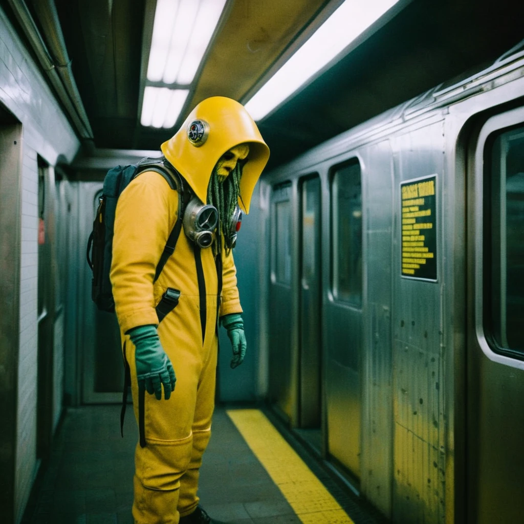 Horror-themed,  In an ancient and mysterious subway a person wearing a yellow helmet with yellow spikes on it carcosa city style, Don Bluth Style ASTRONAUT Cthulhu yellow Toon Doll, full body RAW candid cinema, cyan hair, 16mm, color graded portra 400 film, Eerie, unsettling, dark, spooky, suspenseful, grim, highly detailed