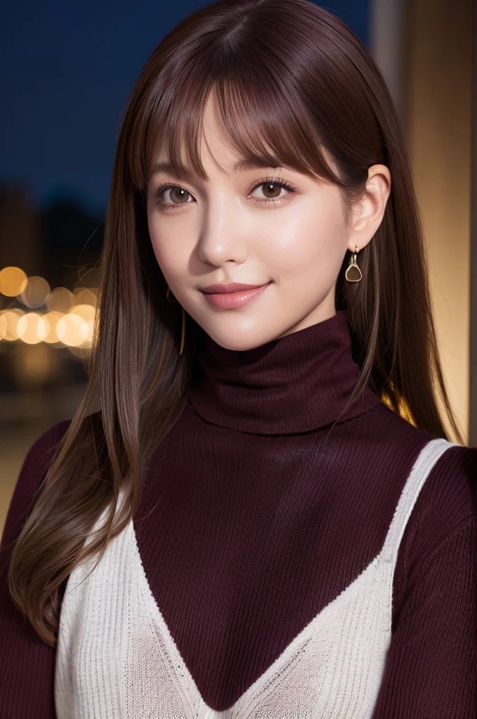 30 year old beauty, (burgundy turtleneck sweater:1.4), RAW Photos, Highest quality, Realistic, Very delicate and beautiful, Very detailed, 8k wallpaper, High resolution, Soft Light, Very detailed目と顔, Beautiful and detailed nose, Fine and beautiful eyes, Cinema Lighting, City lights at night, Perfect Anatomy, Slender body, Shapely , Straight hair, smile, Asymmetrical bangs, Black Hair