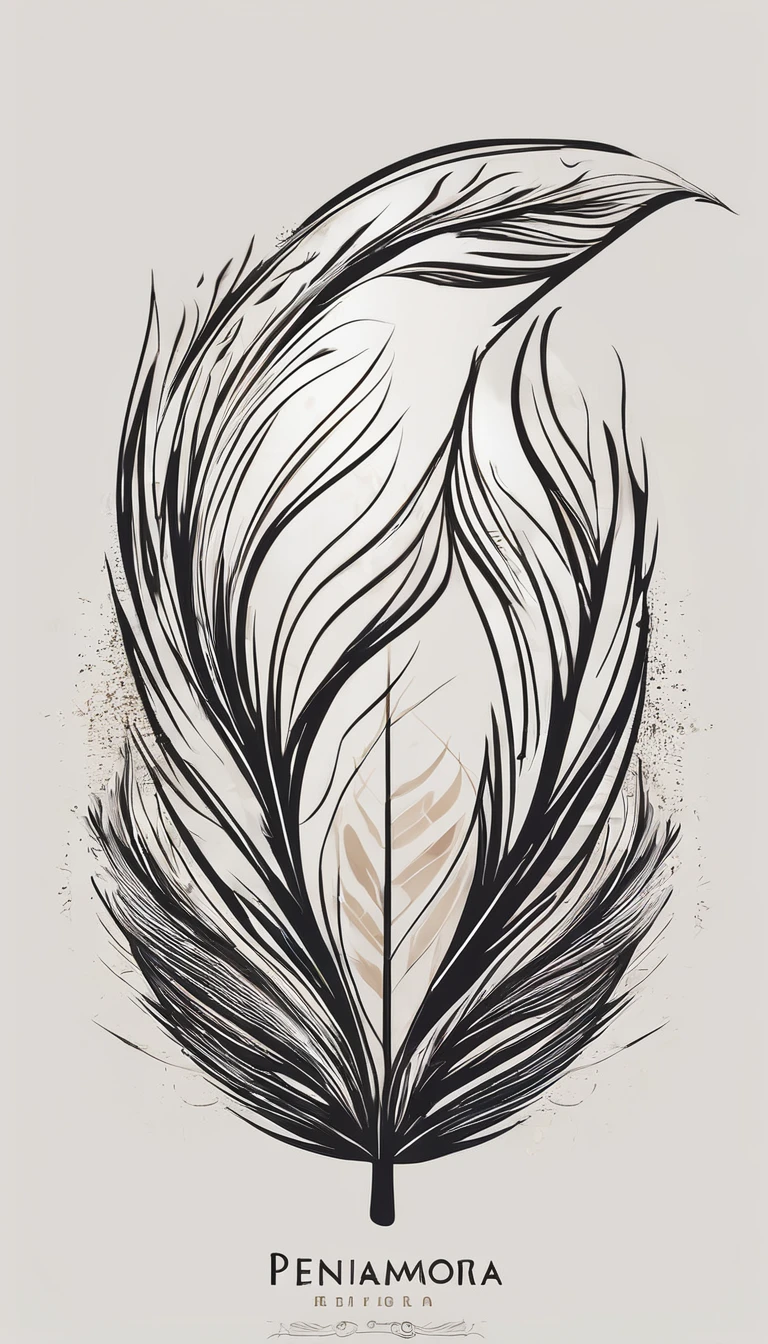 Create a logo design of a special, unique, poetic, minimalistic feather that represents a special creative brand called " Penamemoria". The brand is created by an artist called Rafael Figueiras. The logo must convey the sense of storytelling and music. Must include a boy, one acoustic guitar, a feather and a fantastic bird. Logo design and icon design present and impressed on a white t-shirt.