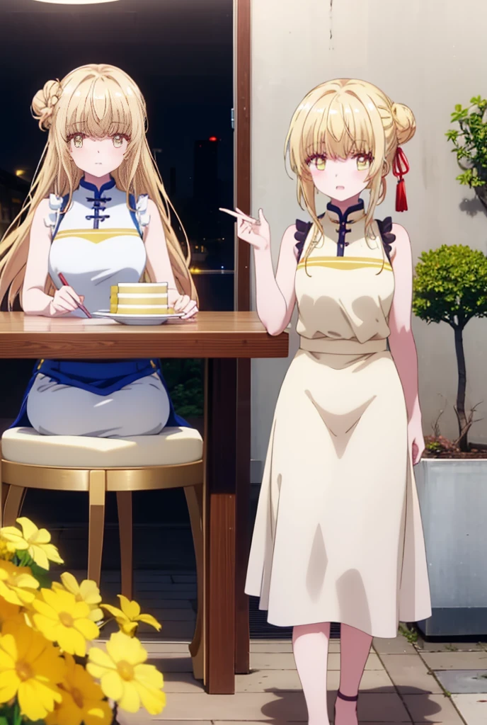 mahirushiina, Mahiru Shiina, bangs, Blonde, Brown Hair, (Yellow Eyes:1.3), Hair Bun, double  Hair Bun,happy smile, smile, Open your mouth,Sleeveless china clothing,Long slit,Stiletto heels, Tables and chairs, Tray Ramen,トレイ in one hand,whole bodyがイラストに入るように,Walking,
break outdoors,中国風レストラン
break looking at viewer,whole body,
break (masterpiece:1.2), Highest quality, High resolution, unity 8k wallpaper, (shape:0.8), (Fine and beautiful eyes:1.6), Highly detailed face, Perfect lighting, Highly detailed CG, (Perfect hands, Perfect Anatomy),
