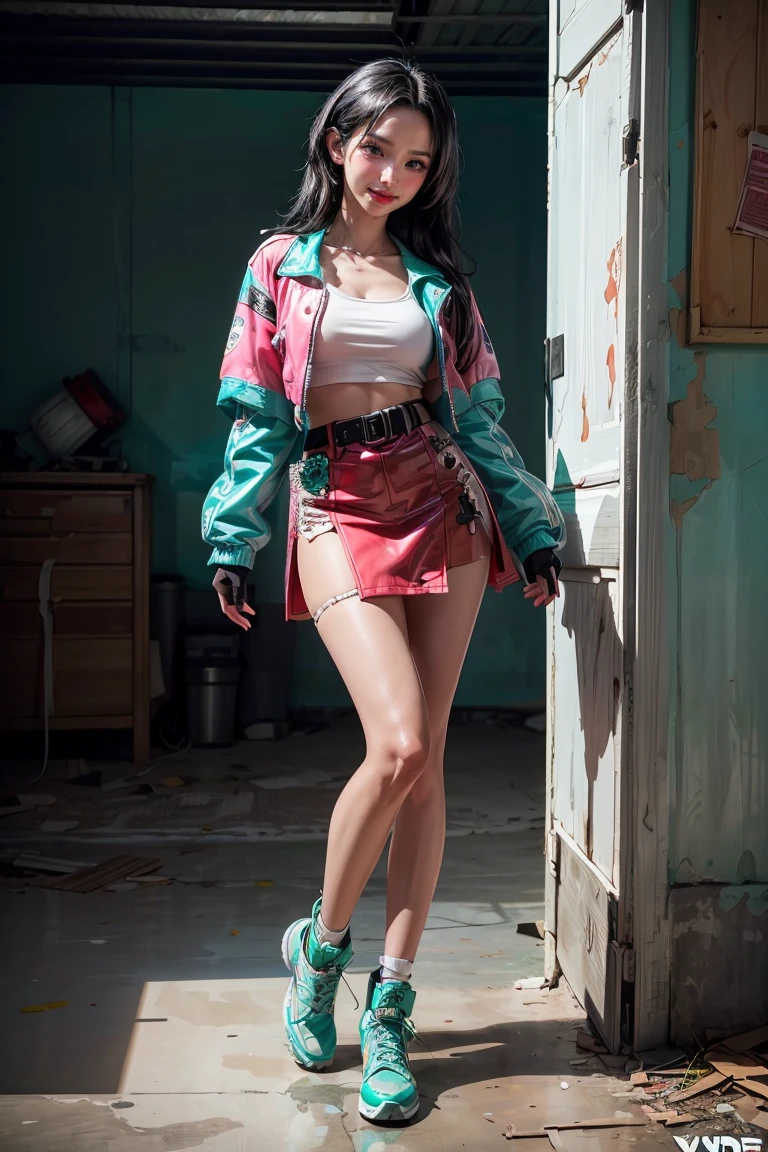 ((Wide Shot:1.6)), Unreal Engine:1.4, Ultra-Real CG K, Realistic:1.4, Skin Texture:1.4, ((Artwork 1 Young woman full body:1.5)), ((Black Hair , green eyes, Full lips and a sensual smile:1.5)), Shaved side punk hairstyle:1.3, Tattoo, Gatling Gun, box, View your viewers, Dynamic pose, blow, Ammunition belt, gloves, Large Breasts, photograph, Very detailed:1.4, More detailed, Optical Mix, Playful patterns, Animated textures, Unique visual effects, pink leather miniskirt, pink jacket, masterpiece, In the background is scrap metal from an abandoned abandoned building, ((color, cyan, green, pink, 茶color: 1.2)), ((8K Realistic Digital Art.)), 32k