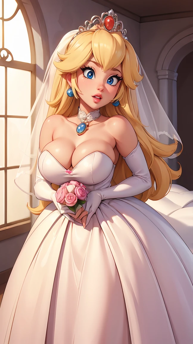 ((Masterpiece)), ((Best Quality)), (detailed), perfect, Alone, peach, beautiful woman in wedding dress, wedding veil on the head, delicious lips, wide, huge chest, deep neckline, huge chests, sexy, take in front of the camera