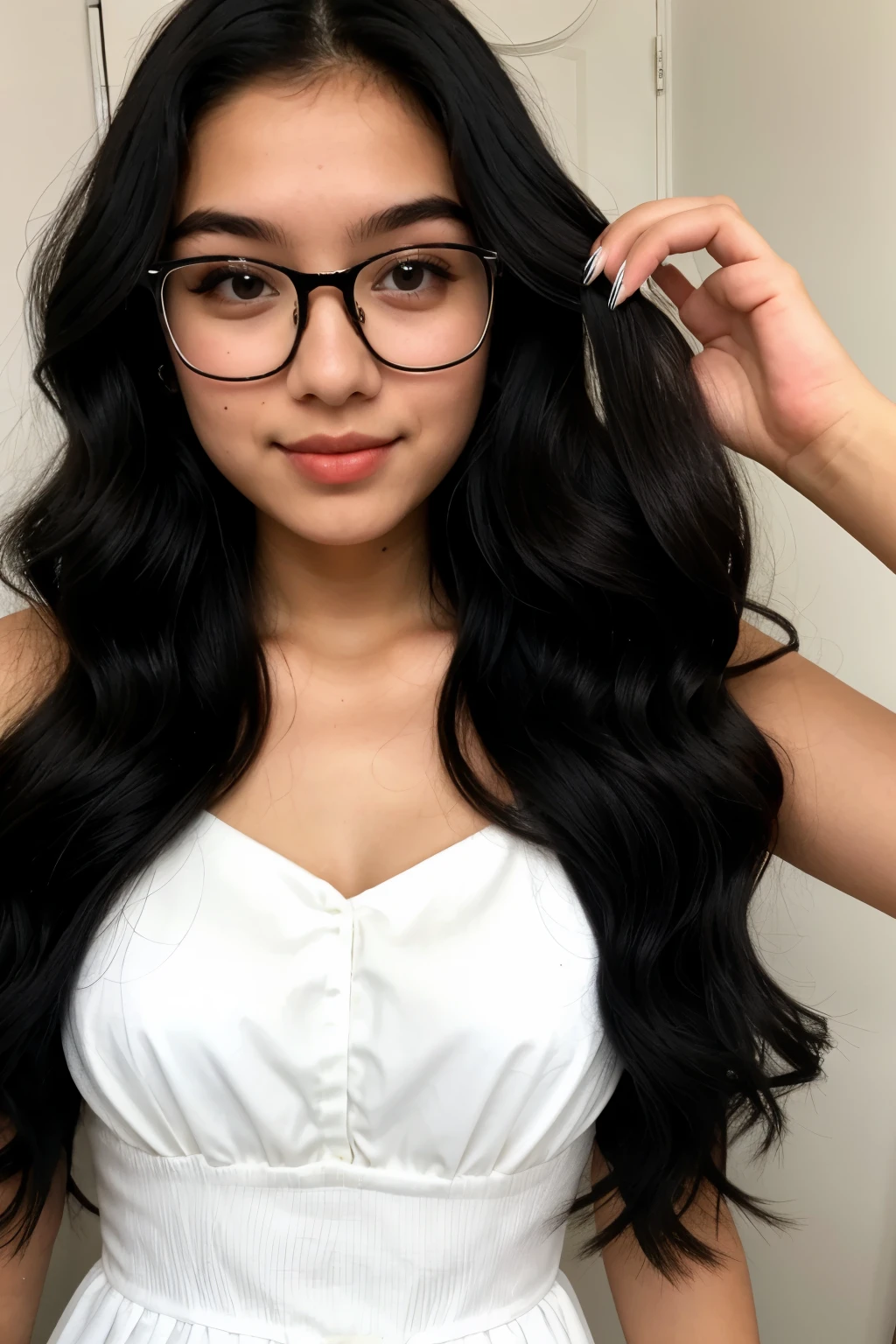 21 year old girl, white, Long black wavy hair, with glasses, dark brown eyes, black eyebrows, long nails and in dress