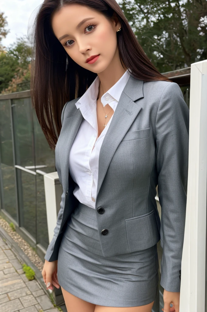 the most beautiful actress in the world, she is 18 years old, the perfect body proportions of this girl, blazer is firmly closed on formal shirt which is worn on her upper body, it's difficult for short skirt to cover her crotch in panties because it is too short, facing front, standing, clear sky, nsfw, best quality, highly detailed, masterpiece, ultra high res, photo realistic, 8k