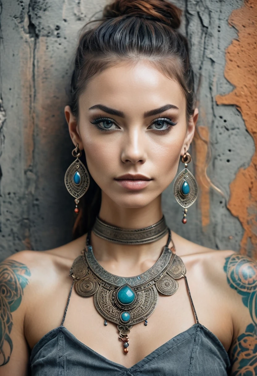 Beautiful woman, thin, Tribal meets bohemian, Tattoo, Earrings, Bohemian Jewelry, Modern, Textured peeling wall for background, graphite, born, Grainy, dirty, Mixing colors & Material, Complex, detailed, Fashion Photography, Trending on Art Station, Sharp focus, Studio Photo, Complex details, highly detailed, Photo Real, Cinematic, Movie stills, Shot in the style of the Sony Alpha A7 III camera