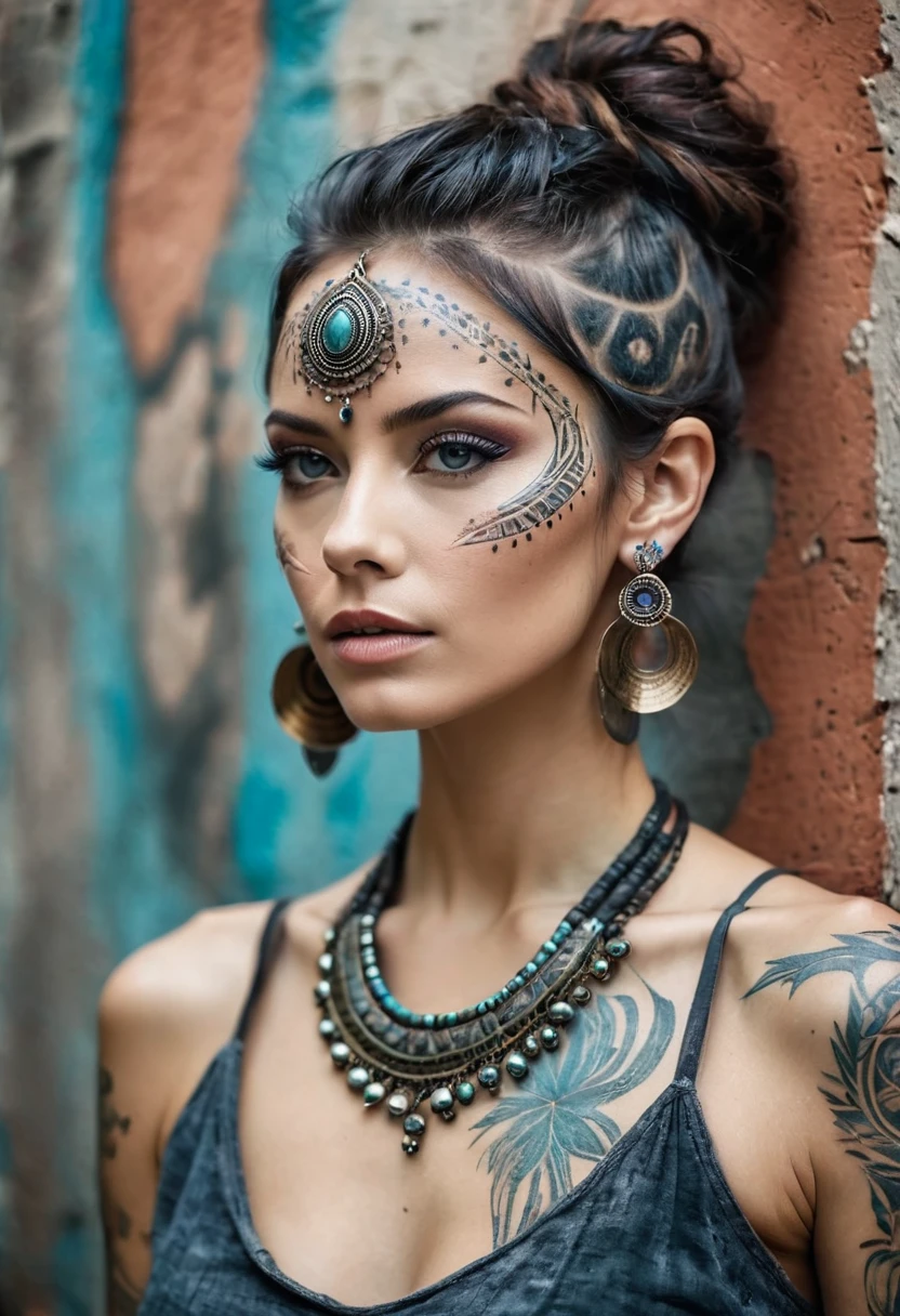 Beautiful woman, thin, Tribal meets bohemian, Tattoo, Earrings, Bohemian Jewelry, Modern, Textured peeling wall for background, graphite, born, Grainy, dirty, Mixing colors & Material, Complex, detailed, Fashion Photography, Trending on Art Station, Sharp focus, Studio Photo, Complex details, highly detailed, Photo Real, Cinematic, Movie stills, Shot in the style of the Sony Alpha A7 III camera
