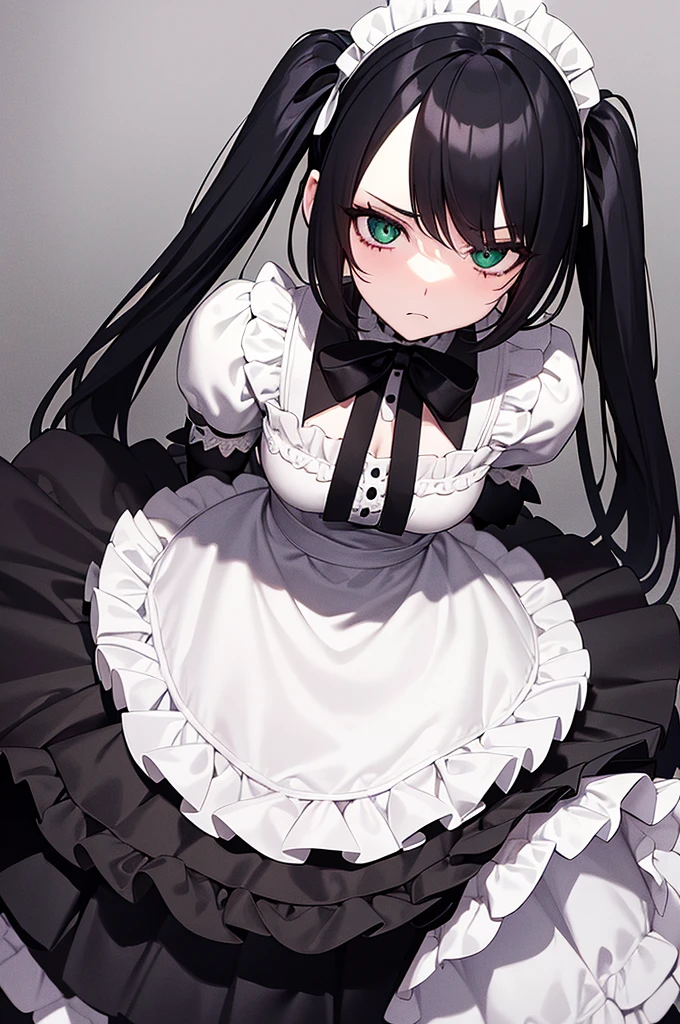 Content:
A woman in a black and white dress, holding a feather duster. She has black hair styled in twin tails and green eyes. She is wearing a maid costume with white gloves, and her expression is annoyed, though she secretly enjoys what she does.
Medium:
Digital art, anime illustration.
Style:
Gapmoe yandere grimdark, gothic maiden anime girl. Inspired by dark and eerie anime aesthetics, with a focus on contrast between the cute maid outfit and her nuanced expression.
Lighting:
Dramatic and moody lighting, with strong shadows to enhance the gothic atmosphere. Subtle highlights to emphasize her facial features and the details of her outfit.
Colours:
A dark palette dominated by black, white, and subtle greens. The black hair and green eyes contrast with the white details of her maid costume and gloves.